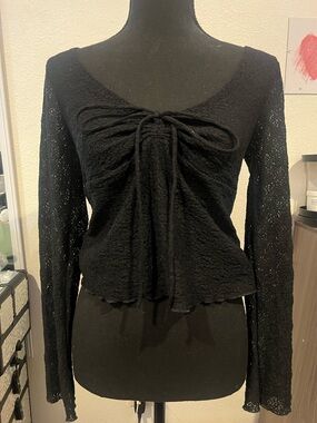 Black Lace Long-Sleeve Tie-Front Women’s Top